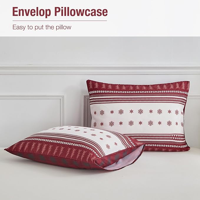 Lekesky Duvet Cover King Size,3 Pieces Reversible Red Plaid Reindeer Snowflake Winter Bedding Set with Zipper Closure and Corner Ties(1 Duvet Cover 104''×90'' inches + 2 Pillowcases)
