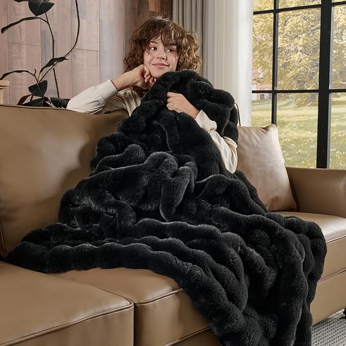 Lotus Karen Faux Fur Blanket - Black Twin Size, Big Bubble Rabbit Fluff, 60x80 Inches