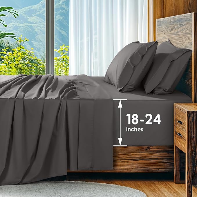 SONORO KATE 100% Egyptian Cotton Sheets Set, Extra Deep Pocket up to 18"-24",1000 High Thread Count, Soft & Breathable 5-Star Hotel Sateen Bed Sheets - 4 PC (Dark Grey,Queen)