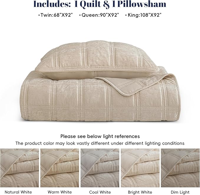 PHF Ultra Soft Velvet Quilt Set Twin Size – 2PCS Luxurious Cozy Quilted Comforter Alternative with Diamond Pattern, Warm Quilted Bedspread Coverlet, 68" x 92", Oxford Tan