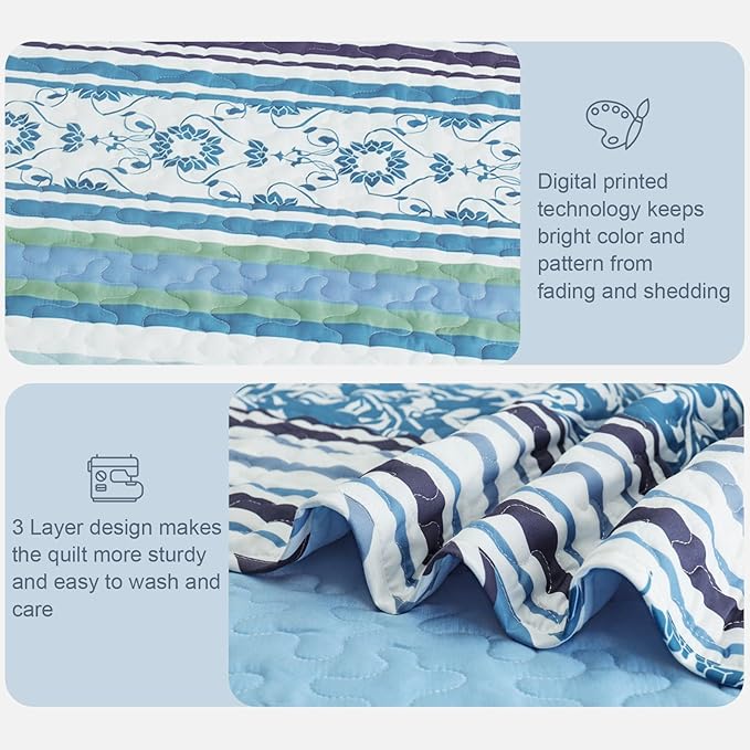 Exclusivo Mezcla Reversible Boho Quilts Queen Size, Blue Bedspreads Lightweight Coverlet All Season Bohemian Quilt Bedding Set with Printed Striped Floral Pattern (1 Quilt, 2 Pillow Shams)