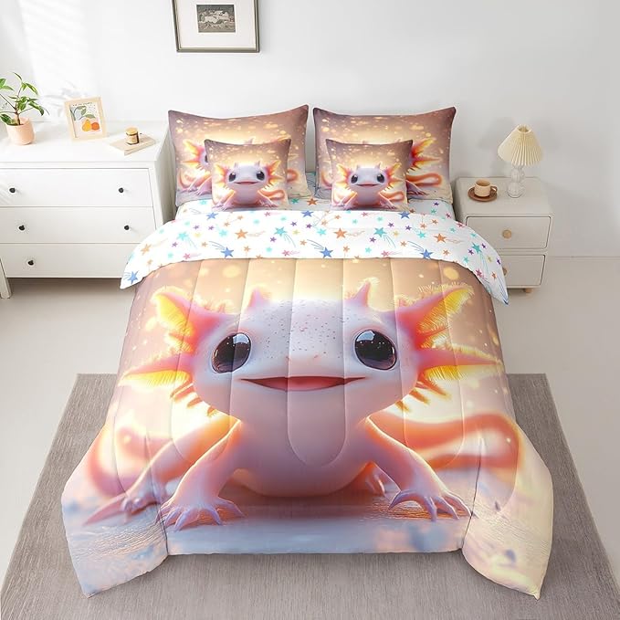 Feelyou Kids Cute Axolotl Comforter Set with Sheets Full Size, Cartoon Salamander 7 Pieces Bedding Set Boys Girls Kawaii Animal Bed in A Bag Ocean Sealife Teens Bed Set Bedroom Decor 7Pcs