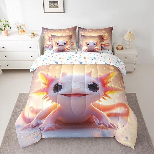 Feelyou Kids Cute Axolotl Comforter Set with Sheets Twin Size, Cartoon Salamander 7 Pieces Bedding Set Boys Girls Kawaii Animal Bed in A Bag Ocean Sealife Teens Bed Set Bedroom Decor 7Pcs
