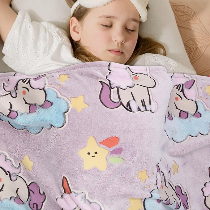 Glow in The Dark Blanket Unicorn Pattern for Unique Birthday Gifts for Girls Boys Teens, Lightweight Soft Cozy Warm Fuzzy 50"×60" Purple