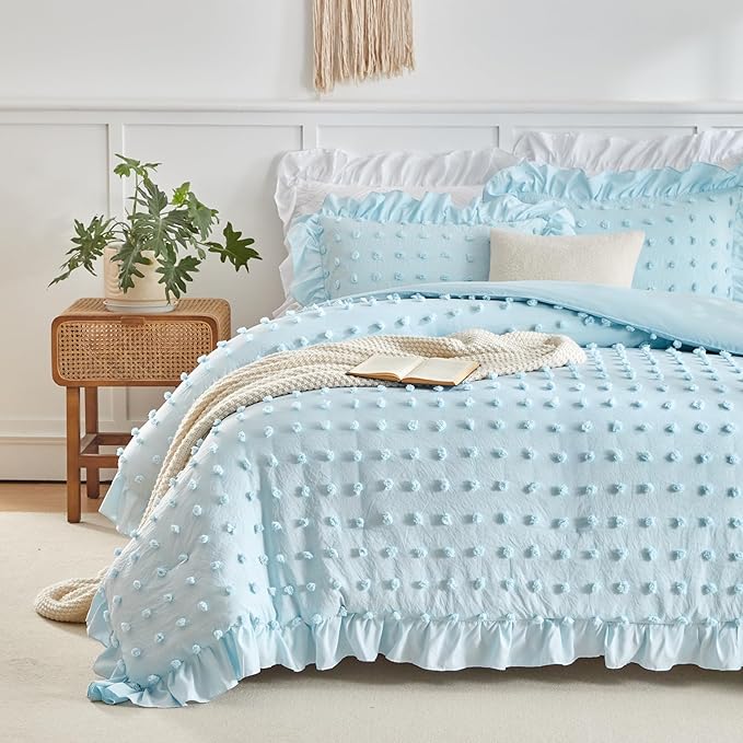 Flysheep Tufted Dots Ruffle Comforter Set King Size, 3 Pieces Blue Vintage Farmhouse Shabby Chic Comforters, Jacquard Boho Bohemian Bedding Set for All Season (1 Ruffled Comforter+ 2 Pillow Shams)