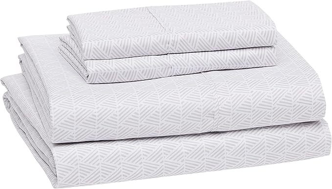 Amazon Basics Breathable, Wrinkle-Free Brushed Microfiber 4-Piece Bed Sheet Set with 14-Inch Deep Pockets, Queen, Gray Crosshatch, Printed