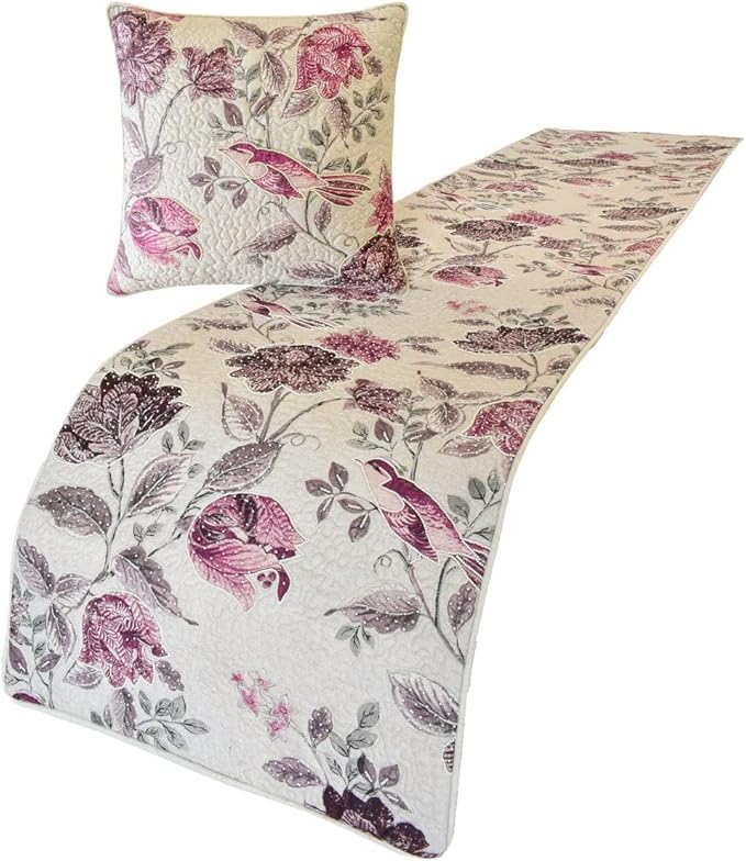 The HomeCentric King/Queen/Twin Pink Decorative CA King 86"x18" Bed Runner with 2 Pillow Cover, Quilted, Printed & Pearl Embroidery Bed Scarf on Cotton Fabric - Vintage Birdie