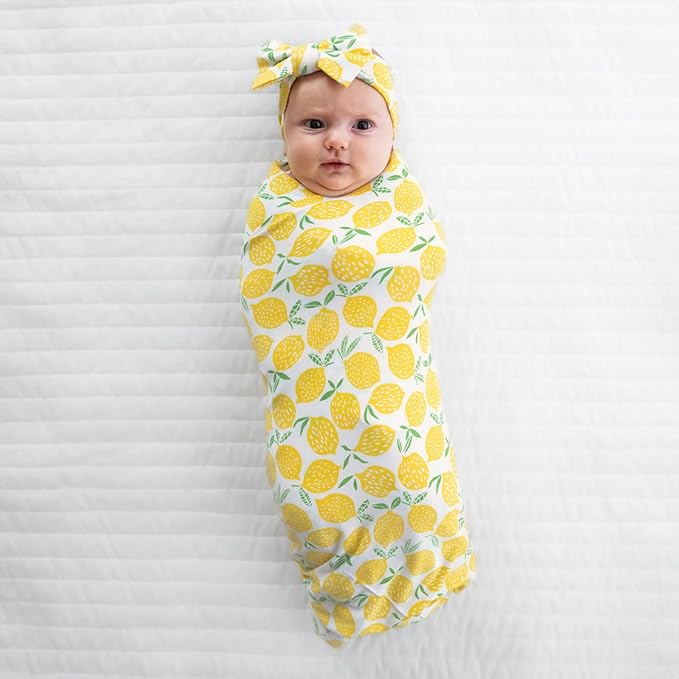 Little Sleepies Swaddle & Headband Bow Set, Viscose from Bamboo Baby Swaddles, Newborn Baby Girl Clothes (Lemons)