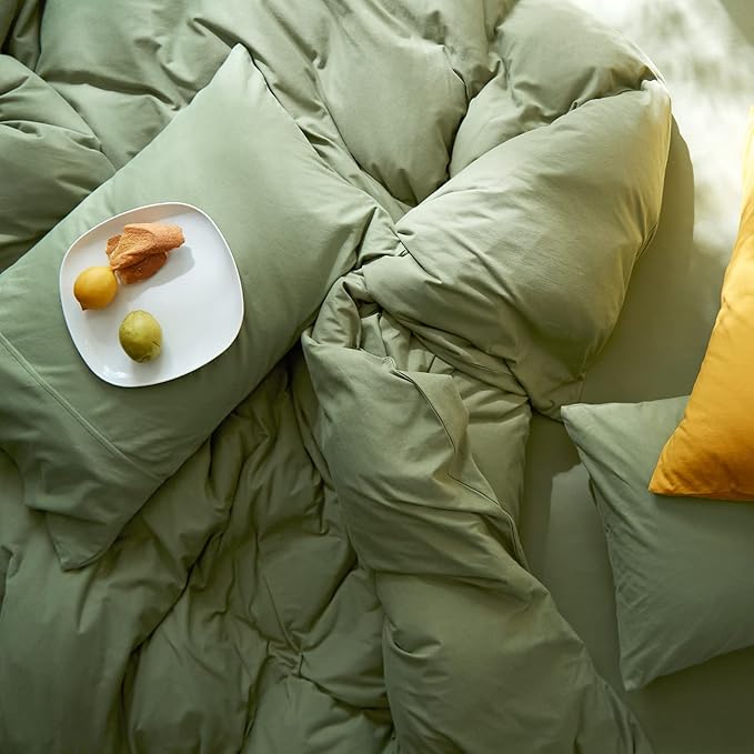 LifeTB Avocado Green Duvet Cover Queen Size Soft Jersey Knit Cotton Duvet Cover 3 Pieces Solid Color Home Bedding Set Queen Boho Green Comforter Cover with Zipper Closure & Corner Ties