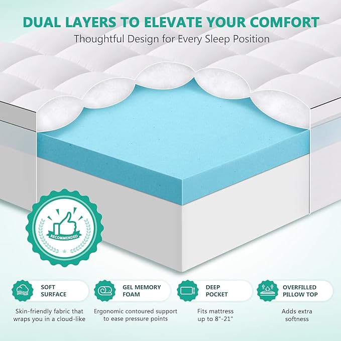 Dual Layer 4 Inch Memory Foam Mattress Topper Twin Size - 2 Inch Cooling Gel Memory Foam Plus 2 Inch Pillow Top Thick Mattress Pad - Pressure-Relieving Comfort
