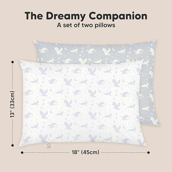 KeaBabies 2-Pack Toddler Pillows 2 Year Old to 5-13x18 Soft Organic Cotton Kids Pillow for Sleeping, Travel, School, Daycare, Nap, Toddler Bed, Machine Washable, Without Pillowcase (Dragons)