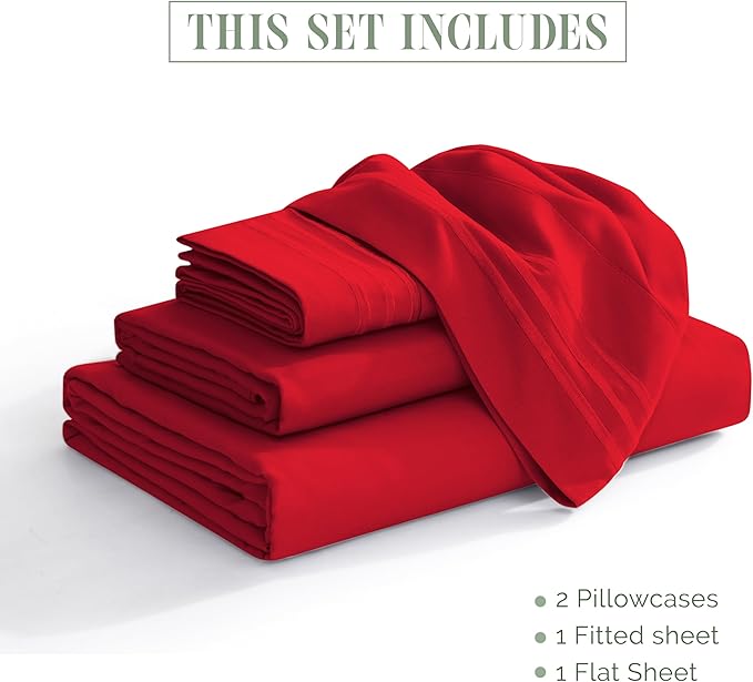 Elegant Comfort Luxurious 1500 Premium Hotel Quality Microfiber Three Line Embroidered Softest 4-Piece Bed Sheet Set, Wrinkle and Fade Resistant, Full, Red