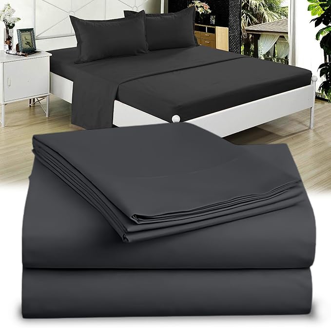 Full XL 100% Microfiber Double Brushed Sheet Set - Extra-Soft, Breathable & Wrinkle-Free - 15" Deep Pockets, 54" x 80" - Ideal for Extra Long Full Beds - 4PC Set (Full XL, Black)
