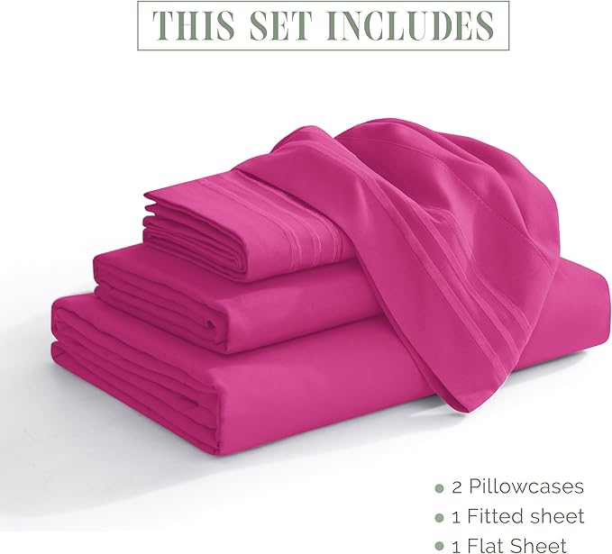 Elegant Comfort Luxurious 1500 Premium Hotel Quality Microfiber Three Line Embroidered Softest 4-Piece Bed Sheet Set, Wrinkle and Fade Resistant, Twin/Twin XL, Hot Pink