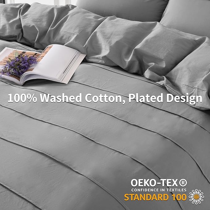 NEXHOME PRO 100% Washed Cotton Duvet Cover Twin Size, Linen Pleated Duvet Cover Set Light Grey, 2pc Organic Bedding Set with Zipper Closure, Soft, Lightweight and Breathable (68"x90", No Comforter)