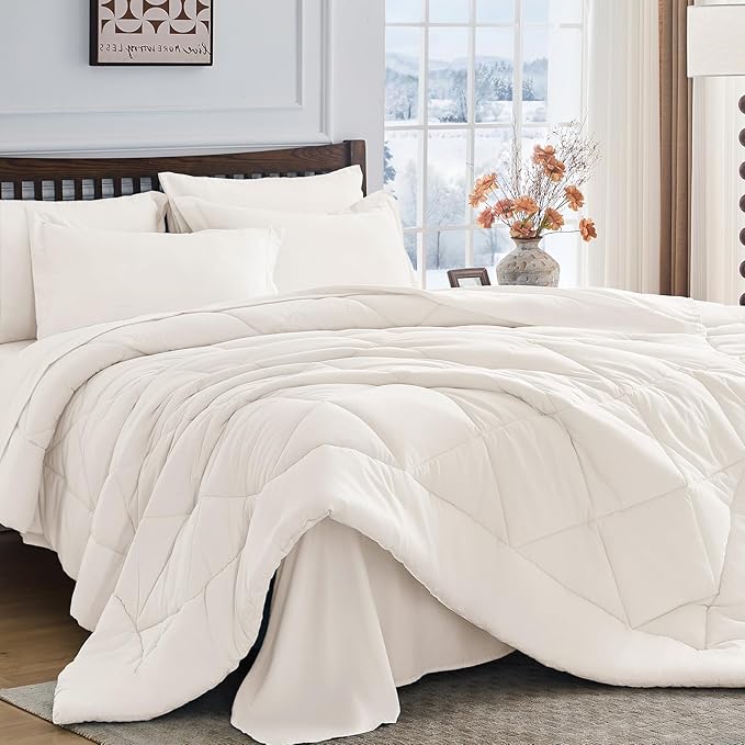 HEVUMYI Ivory Full Comforter Set - 7-Piece All Season Bed in a Bag Full, Ultra Soft Bedding Set with Comforter, Flat Sheet, Fitted Sheet, Pillowcases, Pillow Shams