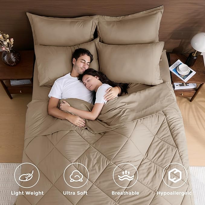 HEVUMYI Khaki Twin-XL Comforter Set - 5-Piece All Season Bed in a Bag Twin-XL, Ultra Soft Bedding Set with Comforter, Flat Sheet, Fitted Sheet, Pillowcases, Pillow Shams