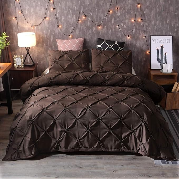 Feelyou Pinch Pleated Duvet Cover with Zipper Closure Pintuck Comforter Cover Set Twin Size Luxurious Pintuck Tufted Bedding Set Solid Coffee Microfiber Bedspread Cover with 1 Pillow Shams Soft