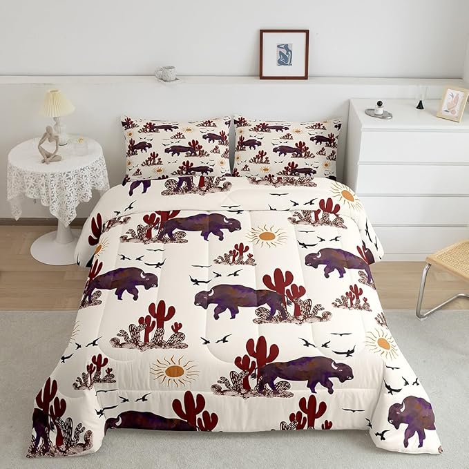 Buffalo Ranch North American Bisons Comforter Twin Size Western Bisons Bedding Sets Rustic Country Cabin Southwestern Animal Comforter Set for Kids Boys Girls Brown Cream Farmhouse Down Comforter