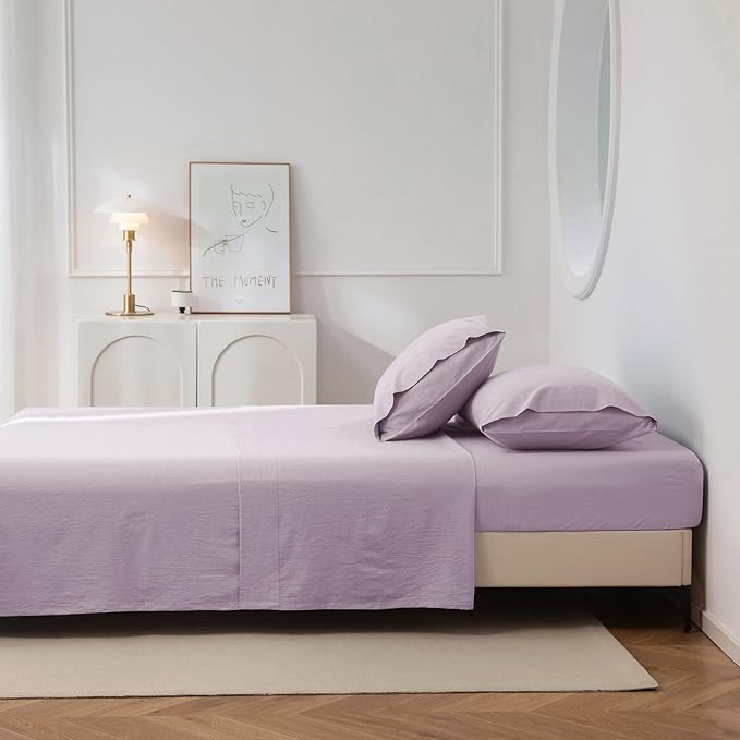 JIYUAN 100% Washed Cotton Sheet Set 4 Pieces Full,1 Fitted Sheet,1 Flat Sheet and 2 Pillowcases,Comfy and Breathable Linen Like Bedding Set,Heathered Light Purple