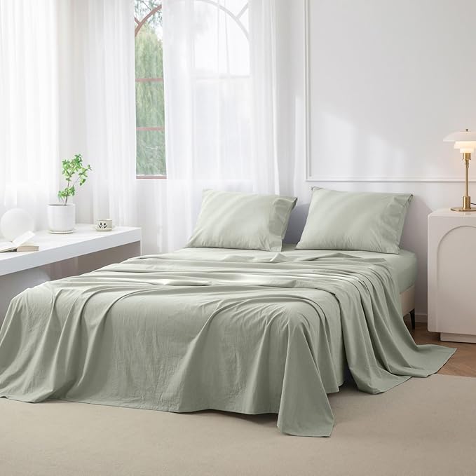 JIYUAN 100% Washed Cotton Sheet Set 3 Pieces Twin,1 Fitted Sheet,1 Flat Sheet and 1 Pillowcase, Comfy and Breathable Linen Like Bedding Set,Heathered Sage Green