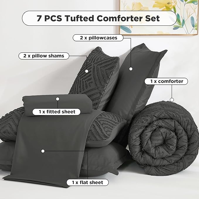 Andency Queen Comforter Set 7 Piece Dark Grey - Bed in a Bag Queen Boho Lightweight Fluffy Tufted Bedding Sets with Comforter, Sheets, Pillowcases & Shams