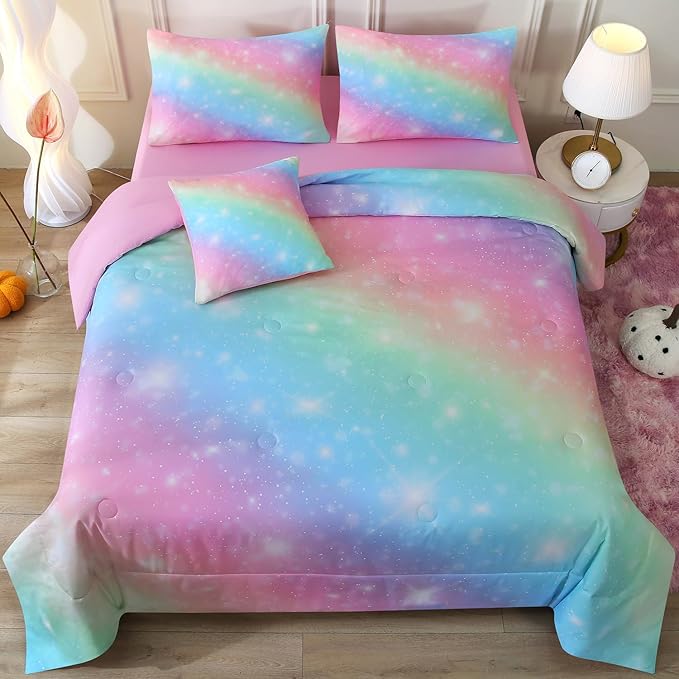 JQinHome Glitter Bedding Set Twin Size,6 Piece Bed in A Bag 3D Colorful Rainbow Galaxy Comforter Set for Girls Kids-All Season Microfiber Tie-Dye Bedding Sets(Rainbow)