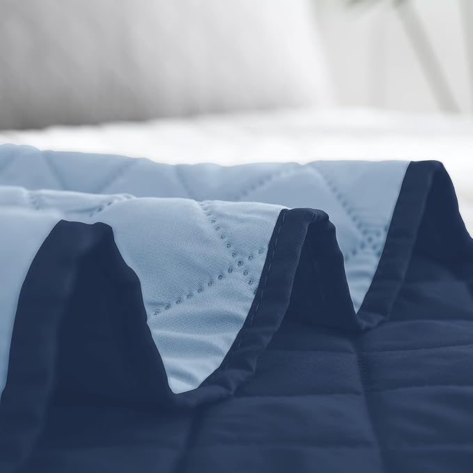 Easy-Going California King Size Reversible Quilt Set with 1 Quilt and 2 Pillow Shams, Soft Bed Quilt Cover, Water Resistant Lightweight Microfiber Bedspread, Stain Resistant, Dark Blue/Light Blue
