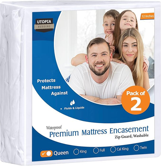 Utopia Bedding Premium Waterproof Bed Bug Mattress Cover (Pack of 2), Queen Zippered Mattress Protector, 12 Inches Deep, Dust Mite Proof 6-Sided Mattress Encasement for Bed