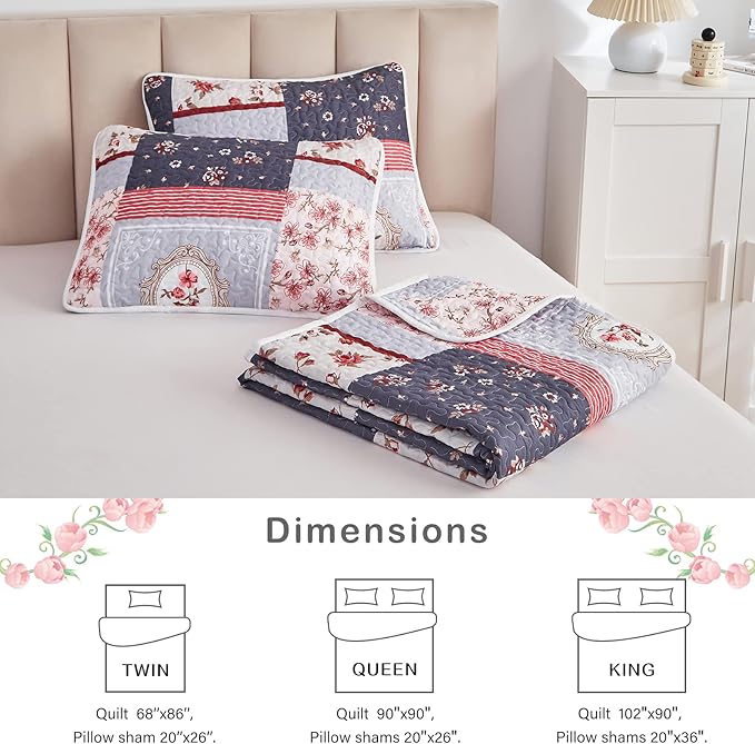 Patchwork Quilt Set Twin Size, 2 Pieces Pink Purple Floral Plaid Design Summer Bedspread Coverlet Set, Soft Microfiber Reversible Lightweight Bed Cover for Kids (68" x 86", 1 Quilt+ 1 Pillow Sham)