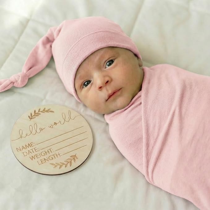 Large Jersey Knitted Swaddle Blanket for Baby, Soft Stretchy Receiving Blanket for Newborns with Hat, Baby Nursery Swaddle 47 x 47 inches(Rose)