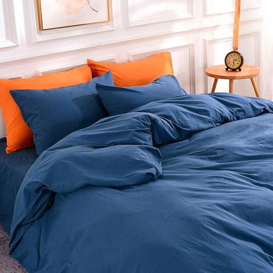 NEXHOME PRO 100% Washed Cotton Duvet Cover Super King 108"x98", Organic Natural Linen Look Textured 3 Pieces Bedding Set Royal Navy Klein Blue Breathable (No Comforter)