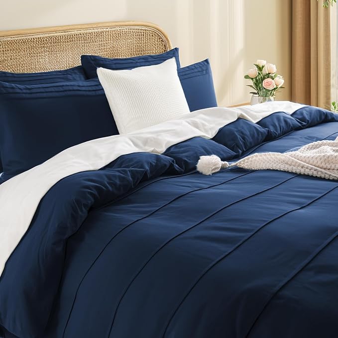NEXHOME PRO 100% Organic Cotton Duvet Cover Queen Size, Linen Like Pleated Textured Navy Duvet Cover Set, 3pc Bedding Set with Zipper Closure, Soft, Lightweight and Breathable,90"x90", No Comforter
