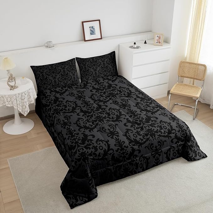 Erosebridal Adults Black Damask Bedding Set Antique Victorian Baroque Down Comforter Twin Gothic Vintage Floral Comforter Set Bohemian Exotic Bedding Quilted Grey Bedroom Decor 1 Pillow Case