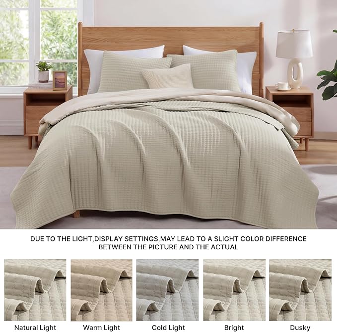 WRENSONGE King Size Quilt-3 Pieces Lightweight Bedspreads Light Oatmeal King Quilt Bedding Set for All Seasons, Soft Summer Coverlet with 2 Pillow Shams Suitable for Bed, Couch, Quilt Blanket