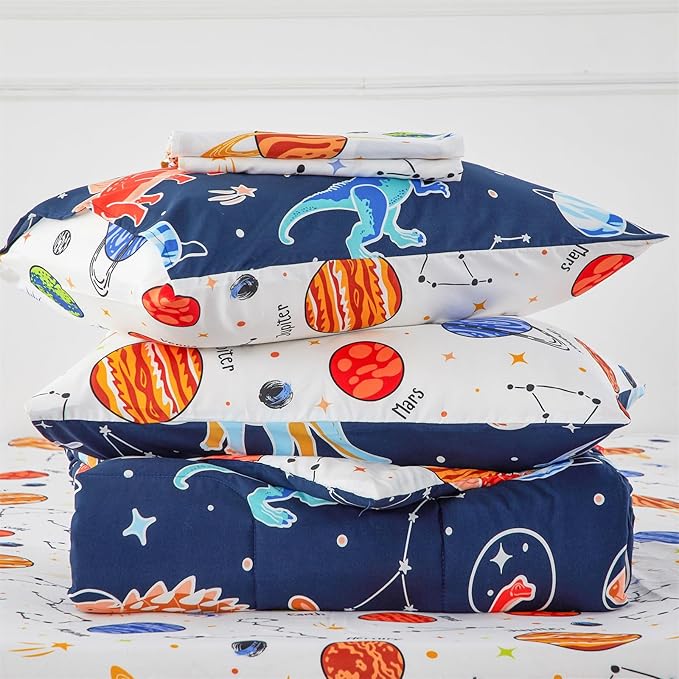 NTBED Dinosaur Kids Comforter Set Twin Size 5 Pieces Bed in A Bag for Boys Girls,Glow in The Dark Space Planet Bedding Set with Sheet