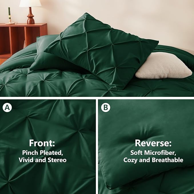Queen Comforter Set Emerald Green, 7 Pieces Pintuck Bed in A Bag Queen Size Bedding, Soft Bed Set All Season Pinch Pleat Comforter Set with Sheets, Pillowcases & Shams