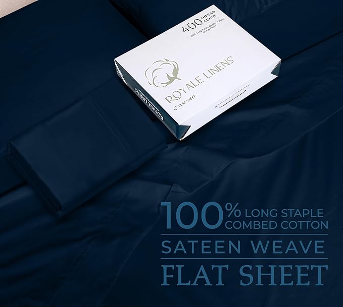 Royale Linens 400 Thread Count 100% American Grown Cotton Flat Sheet - Cooling Sheets - Twin Sheets - Luxury Sateen Weave - Twin Flat Sheet Sold Separately - Navy Flat Sheet Only (Twin, Rivera Navy)