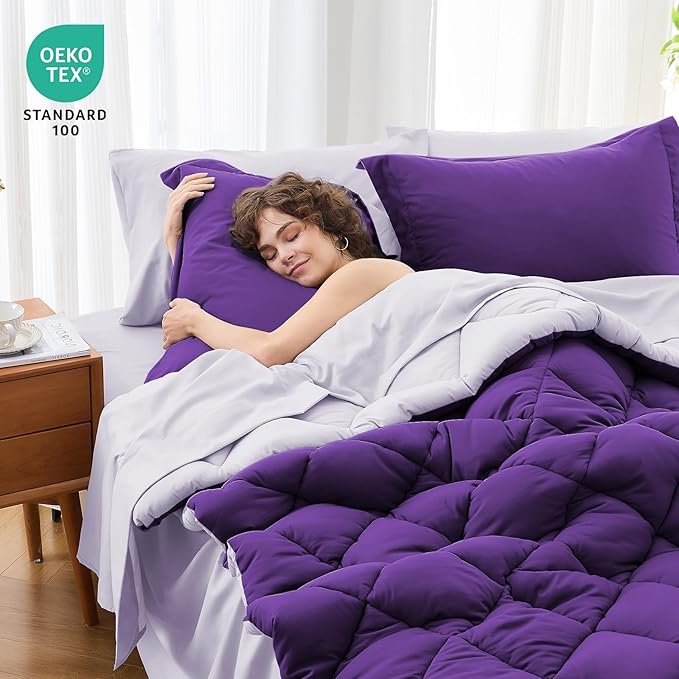 MUXHOMO 7 Pieces King Comforter Set, Reversible Bed in a Bag King Size, All Season Bedding Set with Comforter, Flat Sheet, Fitted Sheet, Pillowcases & Shams, Purple & Lavender