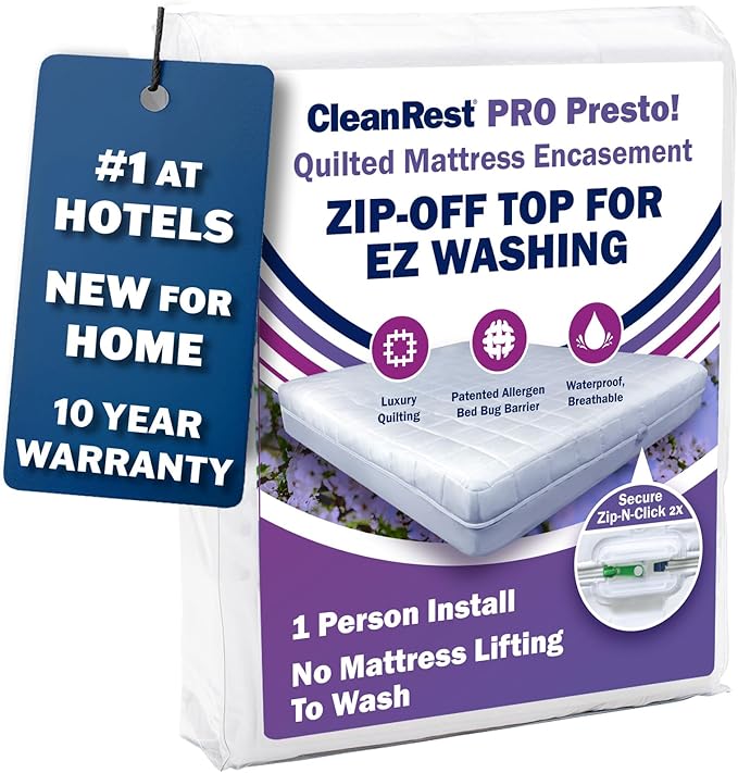 Queen CleanRest Presto! Quilted Mattress Encasement Protector with Zip-Off Top for EZ Washing - Waterproof, Bed Bug & Allergen Proof - 1-Person Install, No Mattress Lifting to Wash