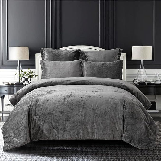 Sunshine Nicole Distressed Velvet Comforter Set, Distressed Velvet Face and Brushed Solid Microfiber Reverse, with Light Weight Soft Poly Fill, 5 Pieces Grey Queen