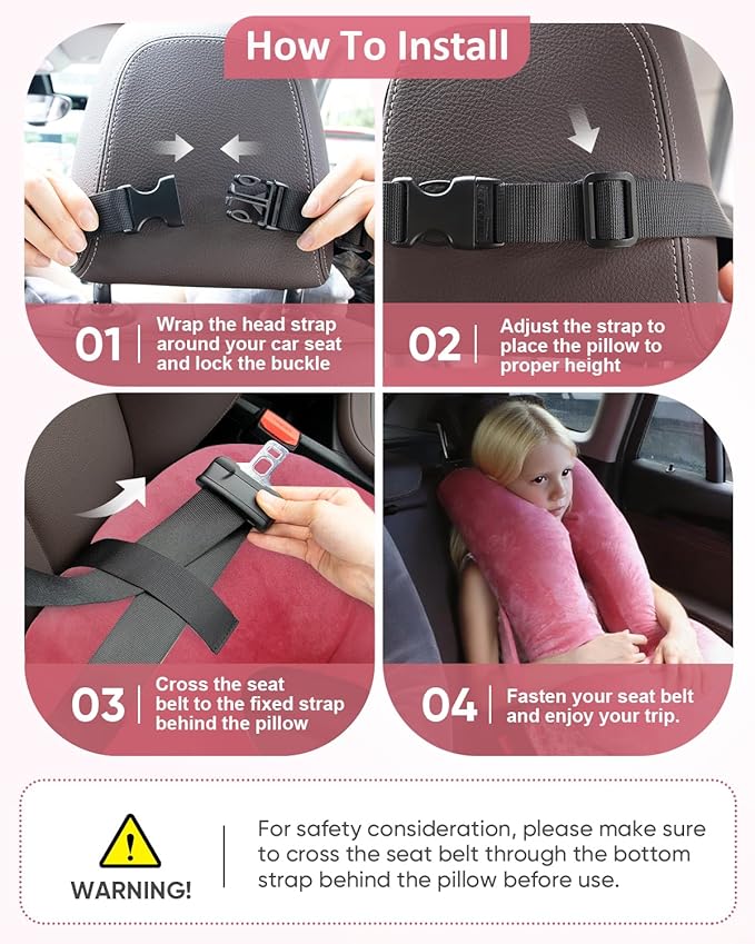 Car Travel Pillow for Kids Adults, Raised Padding Head and Neck Support Car Seat Sleeping Pillow for Toddlers, Portable U Shaped Body Pillow for Car Seat On Road Trip (Magenta)
