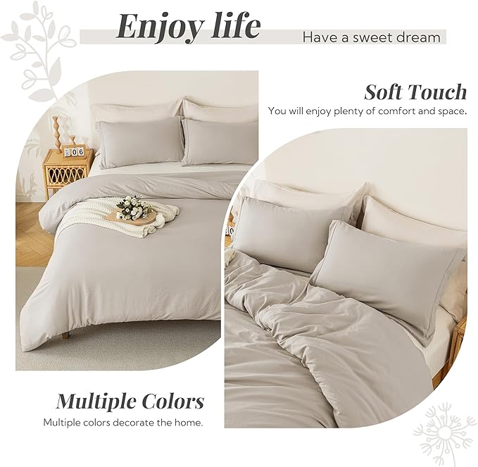 MILDLY Super Soft Duvet Cover 2pcs - 100% Washed Microfiber Linen Grey Comforter Cover Set with Zipper Closure & Corner Ties (No Comforter)