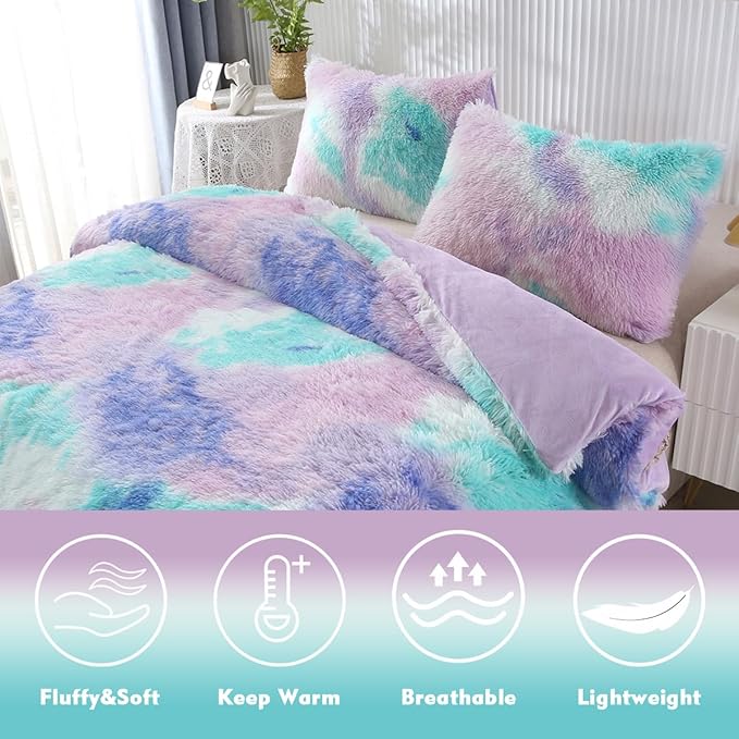 PERFEMET Purple Long Faux Fur Plush Comforter Twin 3-Piece Colorful Rainbow Fluffy Shaggy Girls Bed Sets for Teens Kids Tie Dye Fuzzy Furry Bedding Comforter Set(Purple, Twin)