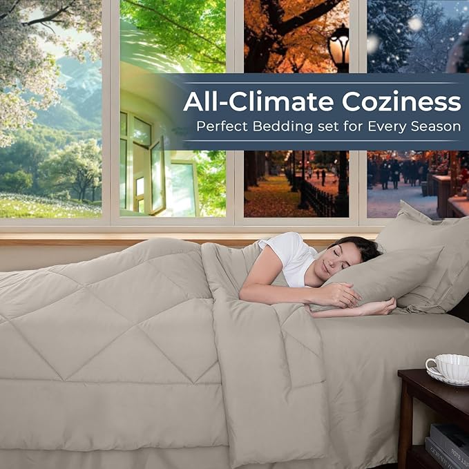 HEVUMYI Oatmeal Twin Comforter Set - 5-Piece All Season Bed in a Bag Twin, Ultra Soft Bedding Set with Comforter, Flat Sheet, Fitted Sheet, Pillowcases, Pillow Shams
