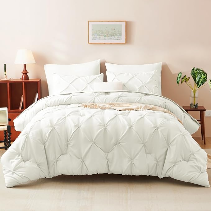 Queen Comforter Set Ivory, 7 Pieces Pintuck Bed in A Bag Queen Size Bedding, Soft Bed Set All Season Pinch Pleat Comforter Set with Sheets, Pillowcases & Shams