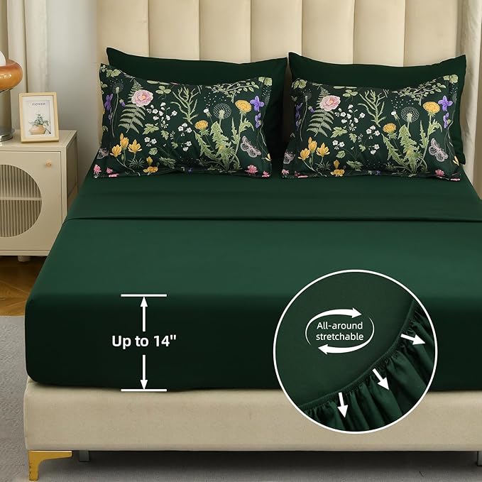 Yiran Floral Full Size Comforter Set, 7 Piece Dark Green Comforter Bedding Set, Spring Bed in a Bag Botanical Flowers Pattern, Soft Lighrweight Complete Comforters with Sheets for Women