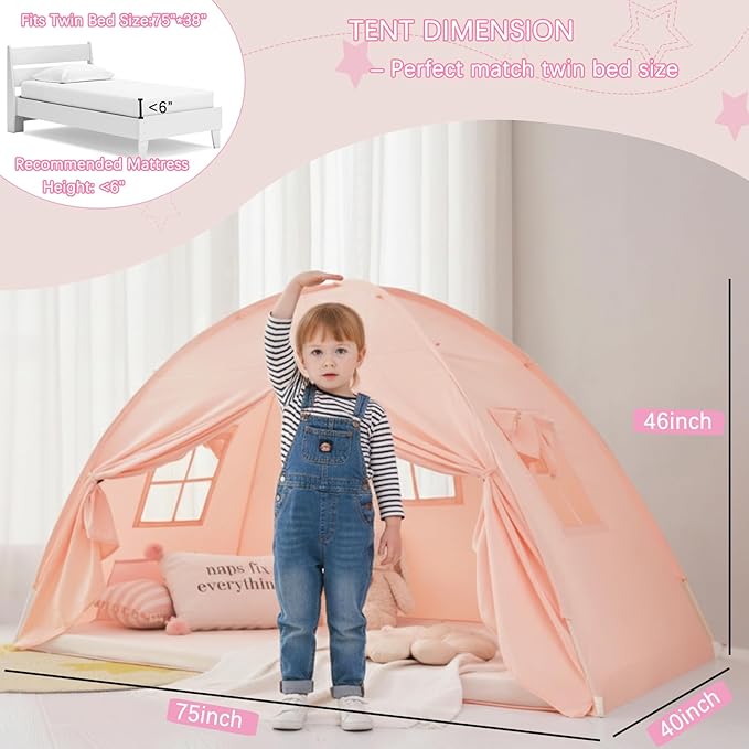 Akiky Bed Tent Bed Canopy Twin Size with Bottom,Kids Tent with Lights Portable Foldable Bunk Bed Curtains for Girls Boys (Pink, Twin)
