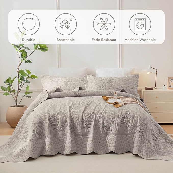 Lady Ann Oversized King Bedspread 128x120, Leaves Pattern Stitching Printed Quilt Set Soft & Lightweight Linen Feel Quilted Coverlet, 3 Pcs Extra Large Botanical Bedding Sets