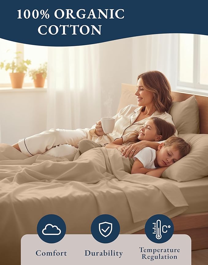 LANE LINEN 100% Organic Cotton Sheets Set Pure Long- Staple Percale Weave - Bedding for Bed Fits Mattress Upto 15in Deep Pocket (Twin Taupe)